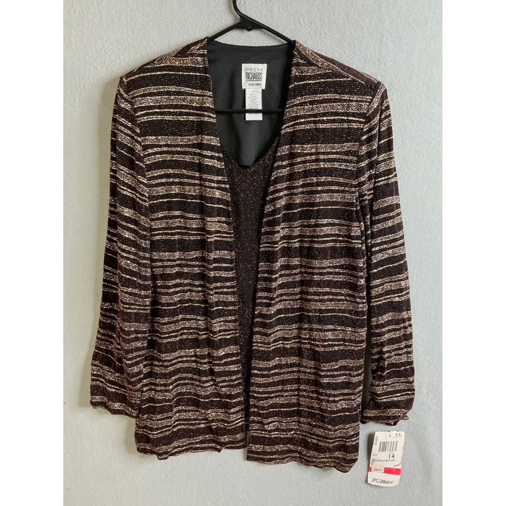 R & M Richards Jacket Women's 14 Bronze/Brown Sparkle‎ Jacket/Mock 2 Piece Set
